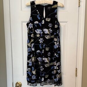 Beige by eci Black Dress with Blue and White Floral Design